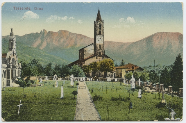 Cartolina della chiesa di Tesserete e del cimitero