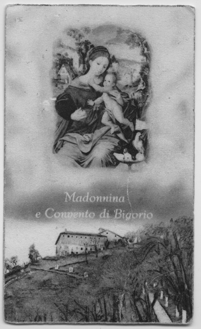 Santino raffigurante il dipinto della Madonna e il Convento di Bigorio