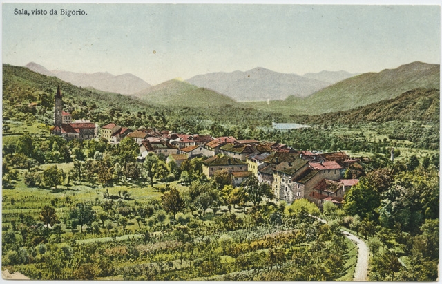 Cartolina dipinta di Sala Capriasca vista da Bigorio