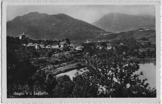 Cartolina di Origlio con il laghetto e alta Capriasca