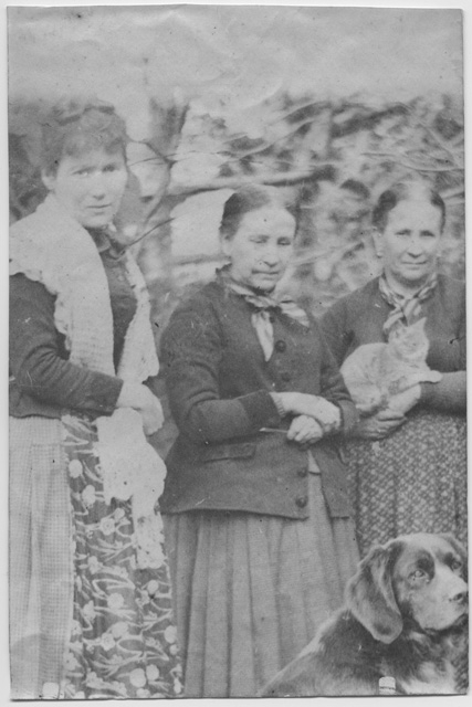 Tre donne in posa con un cane e un gatto