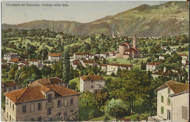 Cartolina dipinta di Tesserete con Sala Capriasca viste da Campestro