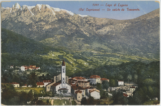 Cartolina dipinta di Tesserete con Cagiallo e i Denti della Vecchia