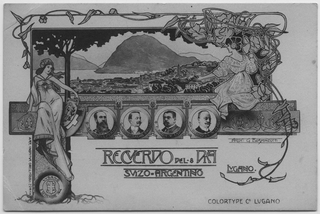 Cartolina illustrata del Monte San Salvatore con ritratto di Giovanni Buzzi (I da destra), console di Argentina a Lugano