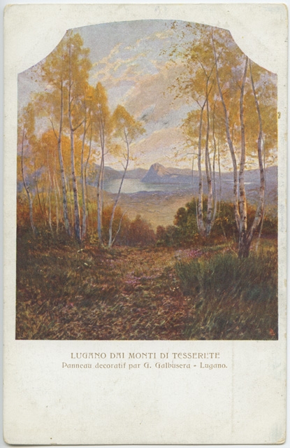 Cartolina con dipinto del golfo di Lugano visto dai Monti di Tesserete