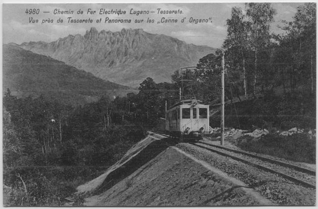 Cartolina della ferrovia Lugano-Tesserete con i Denti della Vecchia
