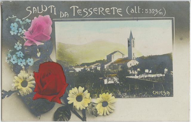Cartolina dipinta di Tesserete con la chiesa S. Stefano