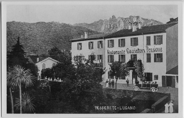 Cartolina dipinta di Tesserete con il Ristorante Pensione Cacciatori