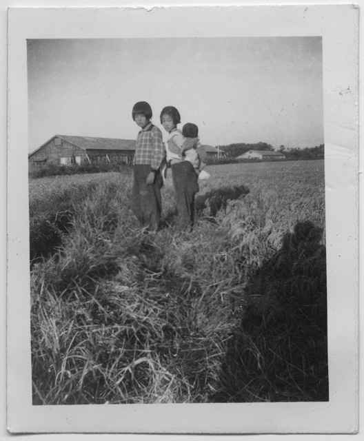 Tre bambini in posa in un campo nelle Filippine
