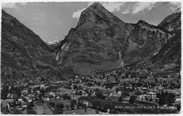 Cartolina di Olivone con il Pizzo Sosto