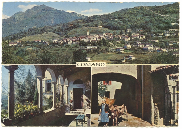Cartolina di Comano con il portico di Casa Wyss
