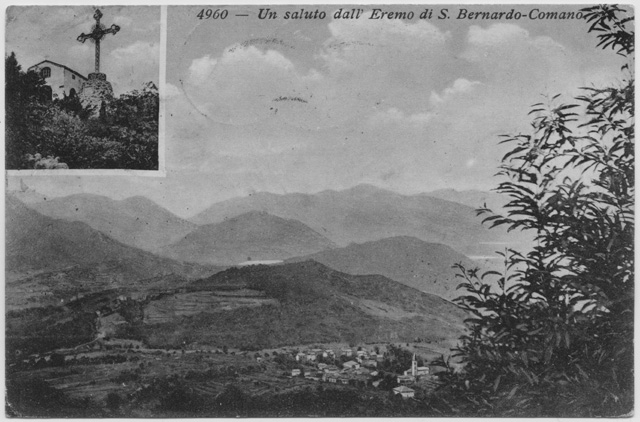 Cartolina di Comano con l'oratorio di San Bernardo