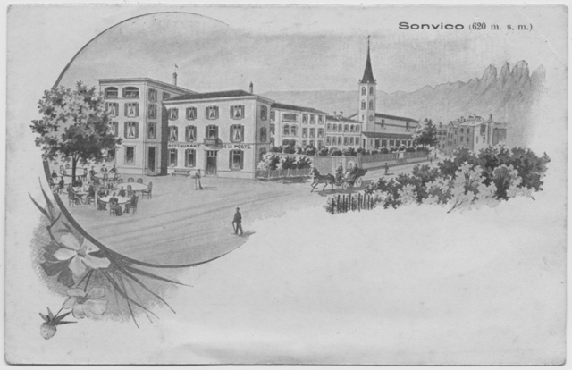 Cartolina illustrata di Sonvico con il ristorante Posta
