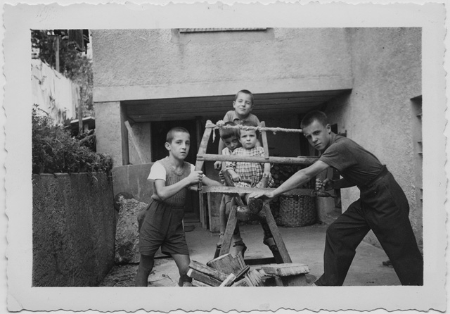 Bambini mentre tagliano della legna