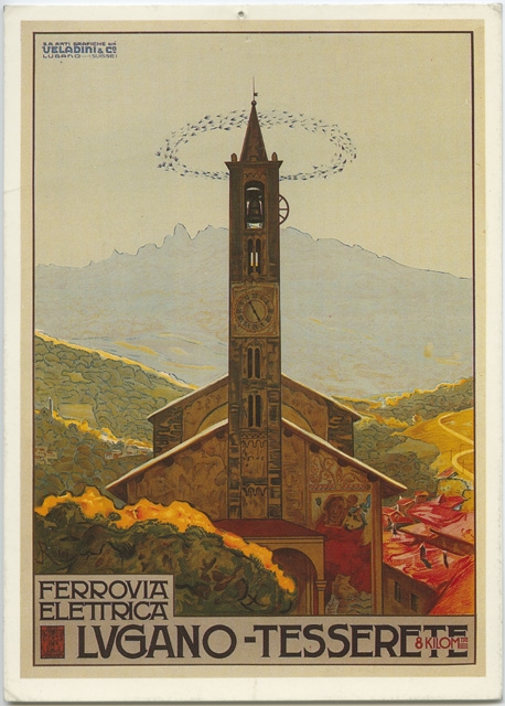 Cartolina con manifesto turistico di Tesserete di Luigi Rossi con la Chiesa S. Stefano