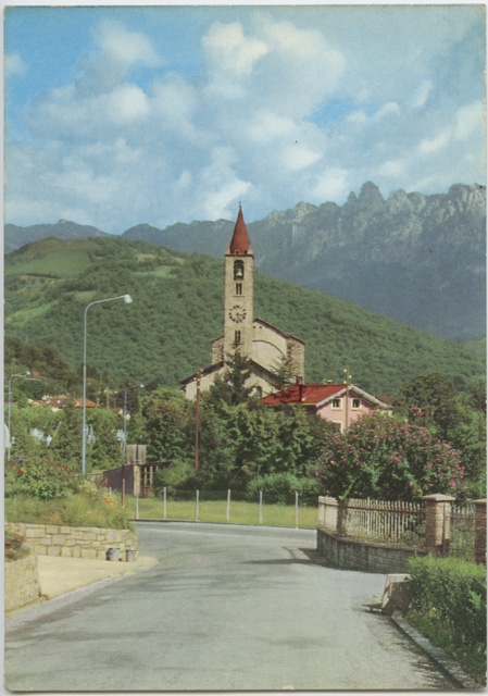Cartolina della chiesa S. Stefano di Tesserete vista dalla strada per Bigorio