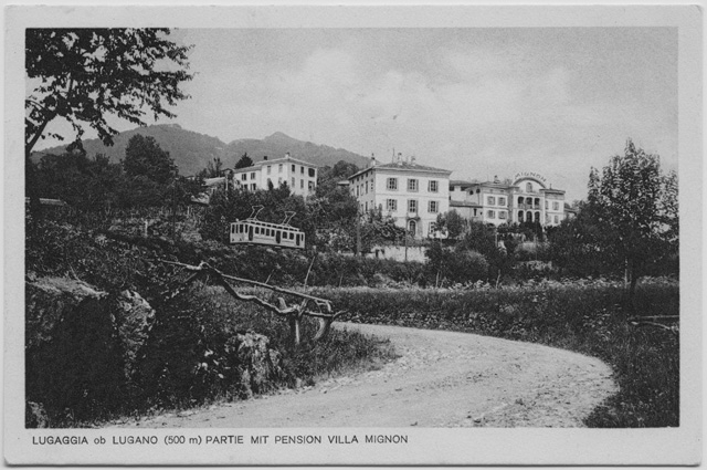 Cartolina della ferrovia Lugano-Tessete con la pensione Mignon