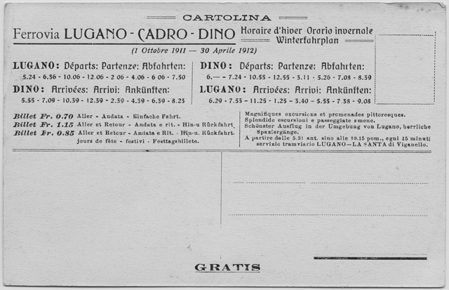 Cartolina pubblicitaria della ferrovia Lugano-Cadro-Dino (retro)
