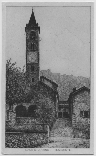Cartolina illustrata della chiesa di S. Stefano a Tesserete